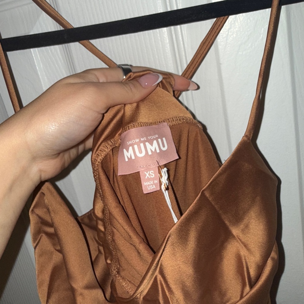 NWT Show Me Your MuMu Satin Midi Dress in Tan - Picture 3 of 8